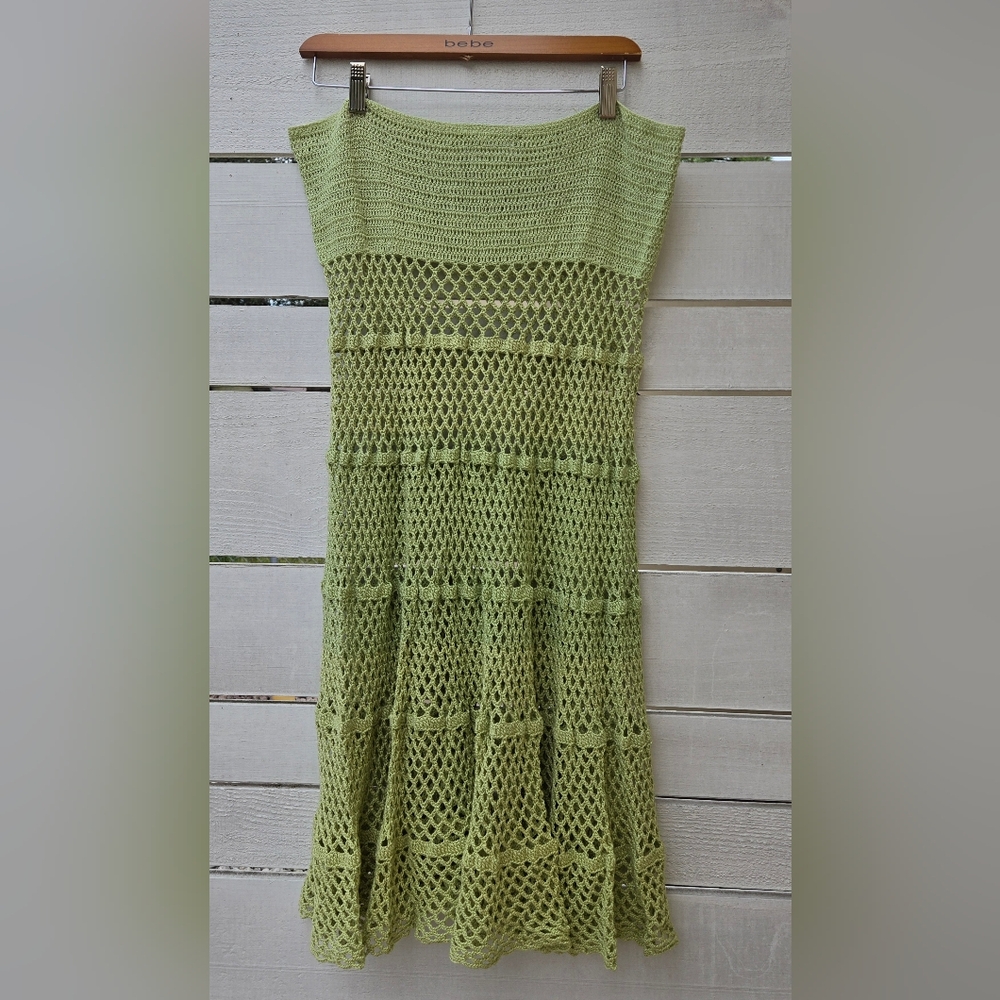 Vintage Handmade Crochet Green Midi Skirt Unique Boho Cottagecore 17"x32" RARE